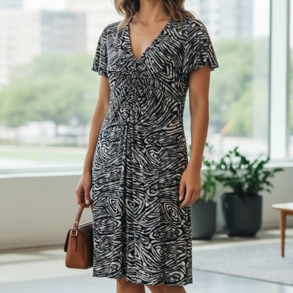 Daisy Fuentes Abstract Ruched Dress L Gray Black Indie Sleaze V-Neck Knit Mini